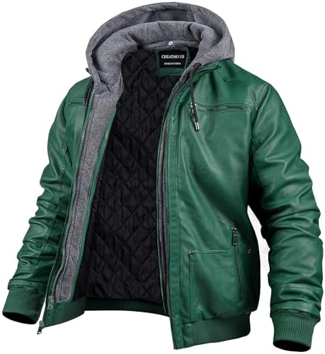 Denny&Dora Mens Black Hooded Cow Leather Jacket,Luxury Mink Liner