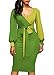 KISSMODA Womens Sexy Deep V Neck Faux Wrap Midi Bodycon Dress Long Sleeve Colorblock Pencil Dresses With Tie-Belt