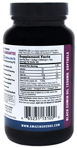Amazing Herbs Premium Black Seed Oil 1250mg, 100 softgels - Cold-Pressed, Unrefined