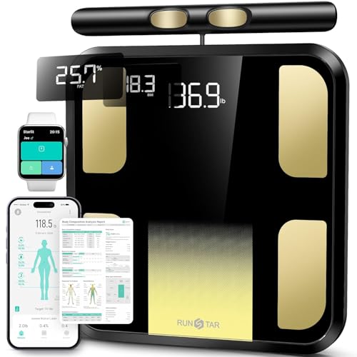RunSTAR Körperfettwaage, Personenwaage digital mit 8 Elektroden für Körpergewicht und Körperfett, BMI, Muskelmasse und Analyse von 28 Körpermaße App-Nutzung, 3-