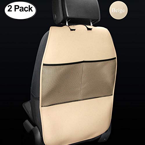 HCMAX 2 Pack Kick Mat Car Seat Back Protector Waterproof Easy to Clean Multifunctional Organizer Storage Bag Travel Accessory PU Leather Beige