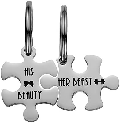 Haoflower Valentine's Day His and Hers Puzzle 2 Piece Charm & Pendants Necklace Key Chain Set 2 Personalized Couples Stamped Chain Keyring Jewelry Gift.
