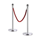 Leadzm 2PCS Stainless Steel Queue Pole Stanchion, Heavy Duty Crowd Control Barrier Security Fence with Ball Top and Retractable 4.9ft Red Flannel Chenille Belt Rope, Silver