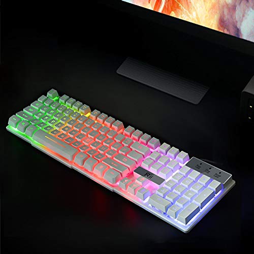 Rii RK100+ White Gaming Keyboard,USB Wired Multiple Colors Rainbow LED
