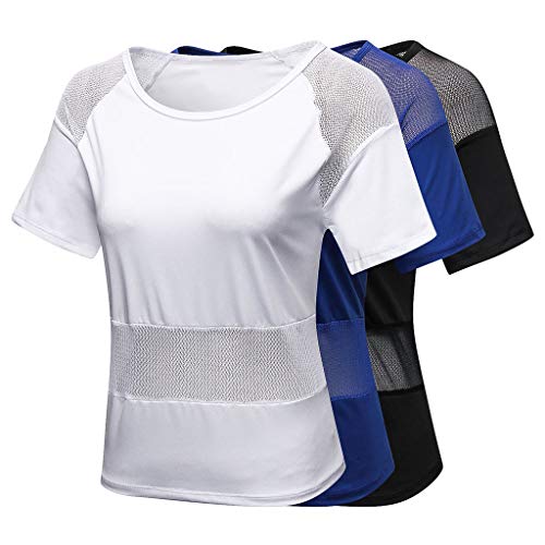 Respctful✿Womens Sport Tops Short Sleeves Mesh Fishnet T-Shirt Yoga Tops Gym Clothes Workout Running Shirts Blue