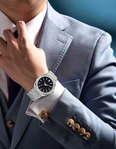 DROCUAMGOYA Men Fashion Analog Quartz Watch Frosted Case Stainless Steel Star Dust Dial 40mm Casual Business Watch for Men Waterproof Luminous (Silver)