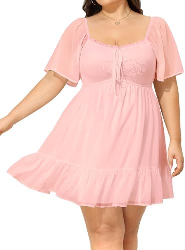 pink graduation dress plus size Abby Rose 3405 Size 16 Pink Plus Size Sheer Lace Short Homecoming Dress Flared Formal Cocktail Gown