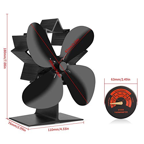 Sumapner 4 Blade Stove Fan - Quiet, Heat Powered Wood/Log Burner Fan - Eco Friendly Heat Circulation for Fireplaces +Stove Thermometer