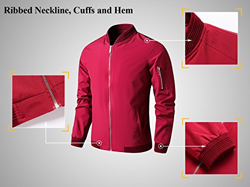 LTIFONE Mens Casual Jacket Zip Up Lightweight Bomber Flight Sportswear Jacket Windbreaker Softshell with Ribbing Edge(Red,L) - Thumbnail 3