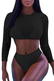 Laucote Sexy Women Gauze Long Sleeve High Waist 2 Piece Bikini Swimwear Swimsuit Black Large