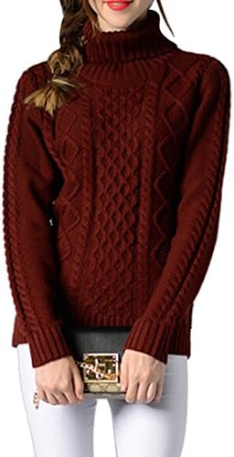 Women's Long Sleeve High Neck Knit Pullover Cable Turleneck Sweater Wine Red M