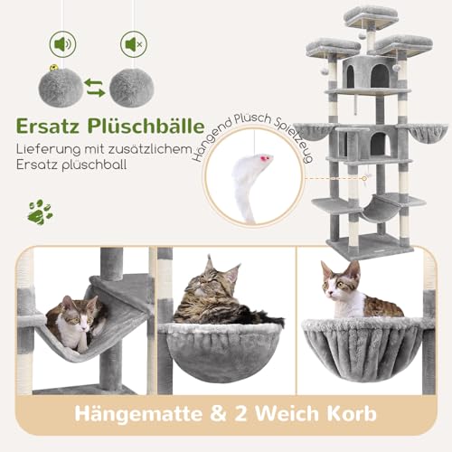 Globlazer Scratching Post Large High 204 cm with 3 Padded Perches, 2 Cat House, 2 Baskets, Hammock, Luxury Cat Tree, Stable for 3-5 Adults, Cat, Rest, Play, Scratching Indoor (F80, Light Grey)