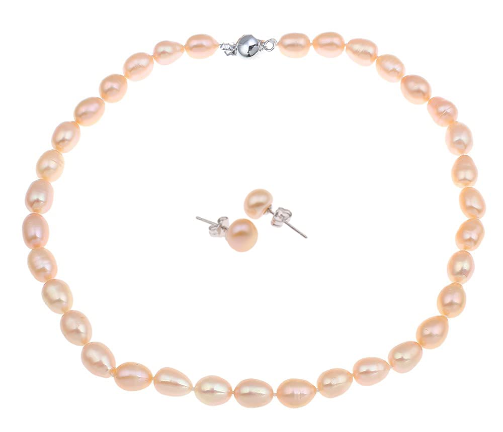 Treasure Bay Elegant Baroque Freshwater Pearl Necklace and Earrings Jewellery Set (Pink)