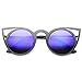 zeroUV Womens Fashion Round Metal Cut-Out Flash Mirror Lens Cat Eye Sunglasses (Black/Blue Mirror)