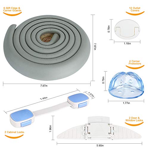 Baby Safety Locks Kit(21 Pieces),12 Outlet Covers, 4 Clear Corner Protectors, 2 Child Safety Cabinet Locks,2 Baby Door Locks,6.56ft Edge & Corner Guards Bumper,No Drill Required Full Baby Proof Set