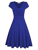 MISSKY Women A line Shaped V Neck Short Sleeve Elegant Slim Fit and Flare Swing Dress for Spring Summer Blue L