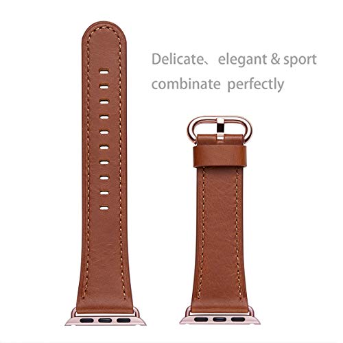WFEAGL Compatible iWatch Band 44mm 42mm, Top Grain Leather Band with Gold Adapter (The Same as Series 4/3 with Gold Aluminum Case in Color) for iWatch Series 4/3/2/1 (Brown Band+Rosegold Adapter)