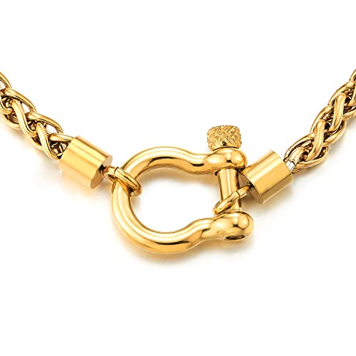 COOLSTEELANDBEYOND Mens Women Stainless Steel Foxtail Wheat Chain Necklace, Screw Anchor Shackle Nautical Sailor Clasp