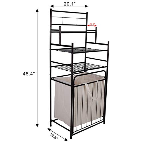 Mythinglogic Laundry Hamper with 3 -Tier Storage Shelves Bathroom Tower Storage Organizer with Dual Compartment Removeable Hamper for Bathroom, Laundry Room