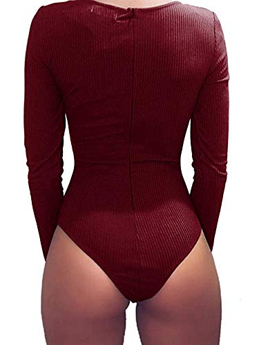 Women Jumpsuits Deep V Neck Long Sleeve Bodysuit Stretchy Romper Jumpsuit Autumn Winter Bodysuit (Red, Small)