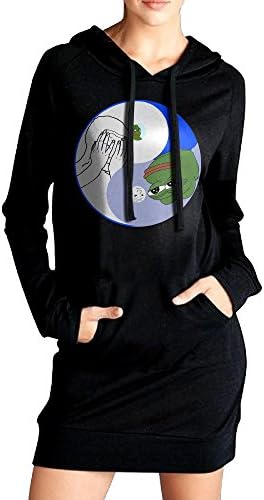Elva Women Yin Yang Pepe Frog Sweatshirt Dress Pockets Pullover Kangaroo Hoodie XL Black