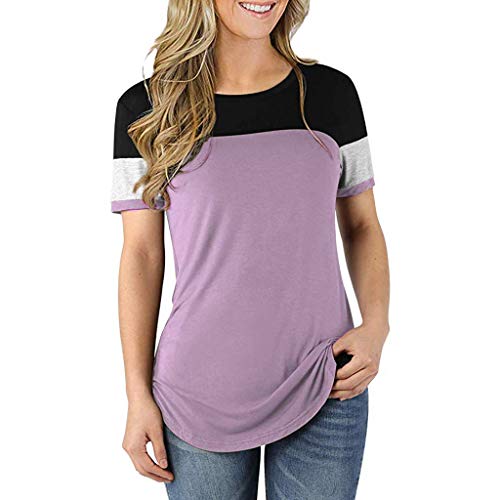 Yezijin Women Summer Color Block Short Sleeve Tunic Tee Shirt Casual Tops Blouse Sexy Wear 2019 Under 10 Dollars Purple