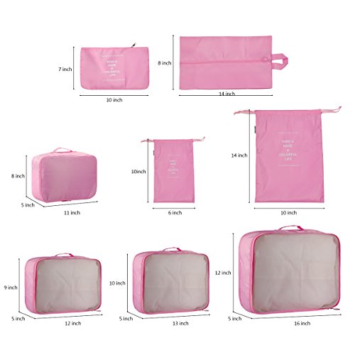 8 Set Packing Cubes - Compression Travel Storage Luggage Organizer Bags for Women Travel Suitcase with Shoes Bag (PInk)