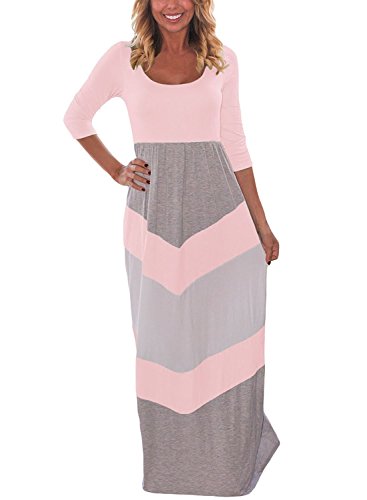 Women Casual Long Sleeve Chevron Striped Printed Round Neck Hight Waist Maxi Dresses Pink M