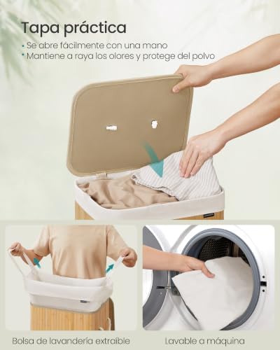 Cesto de la Ropa Sucia con Tapa, 72 L, Cesta de Lavandería de Bambú, Plegable, con Bolsa Lavable Extraíble, Asas, para Lavandería, Dormitorio, Natural LCB10Y
