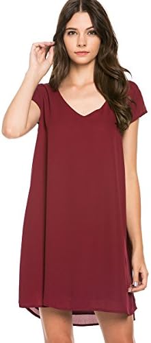 V-Neckline Shift Dress , Burgundy, Size : L