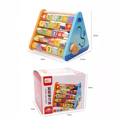 AM ANNA Activity Centre Triangle Toys, 5 in 1 Wooden Cube for Toddlers With Flop Alphabet Blocks, Abacus Clock - Montessori Learning Toys for Babies