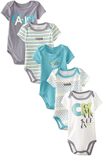 CALVIN KLEIN BABY-BOYS NEWBORN FIVE PACK AQUA AND GRAY PRINT BODYSUIT