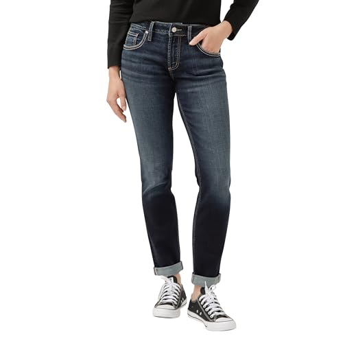 Silver Jeans Co. Women’s Boyfriend Rise Slim Leg Jeans, Mid Indigo
