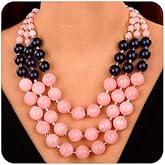 Wiwpar 3 Layer Colorful Multi Strand Simulated Pearl Beaded Statement Necklace Collar Bib Choker Necklace and Earrings Set for Women (pink)