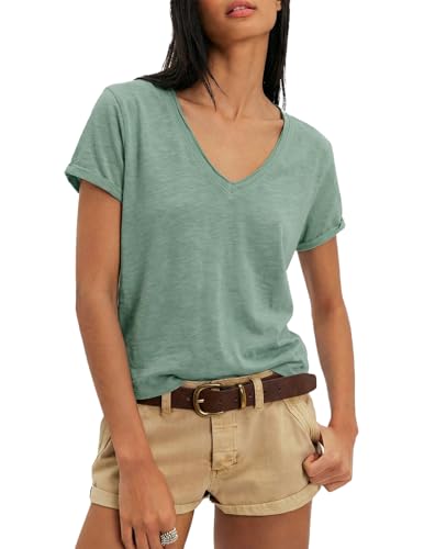 Fenclushy Womens V Neck T Shirts Workout Tops Cropped Athletic Top Short Sleeve Tee Casual Loose Workout Shirts (Green,XL) at Amazon