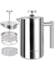 Secura French Press Coffee Maker, 304 Grade Stainless Steel Insulated Coffee Press with 2 extra Screens, 17oz (0.5 Litre), Silver