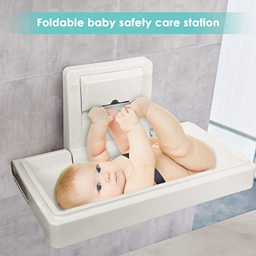 TUSY Wall-Mounted Baby Changing Station Horizontal Fold-Down Diaper Change Table with Safety Straps for Commercial Bathrooms and Home Supports up to 220 Lbs (White Granite)