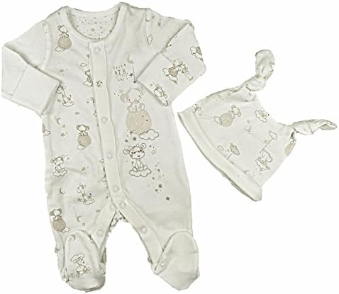 Baby Unisex Sleepsuit And Knotted Cradle Cap Unisex Zoo Animal Theme NB 0-3 3-6 (0-1 Month)