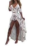 Knight Horse Women's Sexy V Neck Floral Printed Ruffles Crop Two Piece Maxi Dress Coffee M