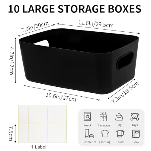 LYLIDIA Pack of 10 Storage Boxes Plastic 30 cm Black Storage Basket Large Basket Storage Baskets Plastic Box Organiser Box for Bathroom Kitchen Cabinet Shelf Organiser Boxes