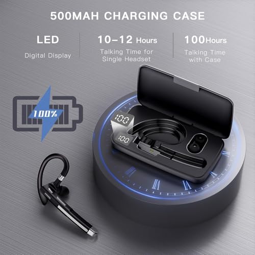 Bluetooth Headset V6.1, Wireless Bluetooth Earpiece with 500mAh Charging Case 100 Hours Talking Time, CVC8.0 Noise Cancelling Single-Ear Earphone, Hand-Free Headphones for Trucker, Office, Business