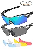 Sports Sunglasses 2 Pairs Polarized Sports Sunglasses with 4 Interchangeable Lenses, Tr90 Unbreakable Sunglasses for Men Women Cycling Driving Running Golf By Tsafrer (Blue-Green-Silver)