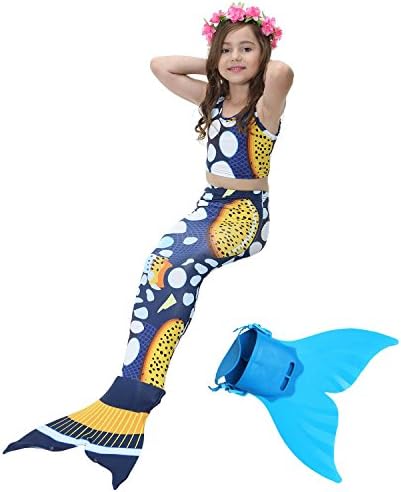 OSMANLUER 3Pcs Girls Mermaid Tail Swimmable Bikini Set Bathing Suit Fancy Cosplay Costume (Darkblue, 140)