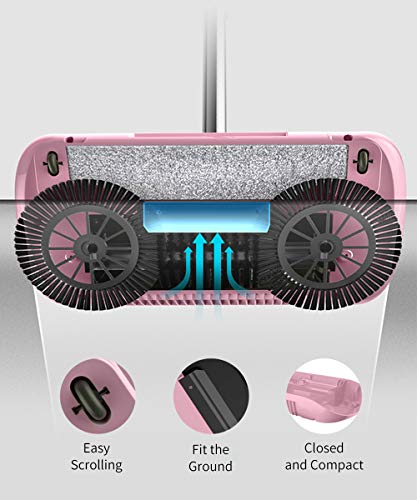 Rayzi Household Cleaning 360 Hand Push Automatic Sweeper Broom - Including Broom & Dustpan & Trash Bin - Non Electric for Tile,Marble, and Hardwood, 2 x Cloth (Pink)