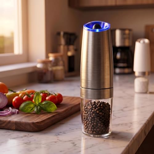 Moedor Eletrico de Sal e Pimenta com Sensor de Gravidade Automático e LED Azul - Mecanismo Ceramico Ajustavel, Operacao com Uma Mao, Inox para Temperos (Prata)