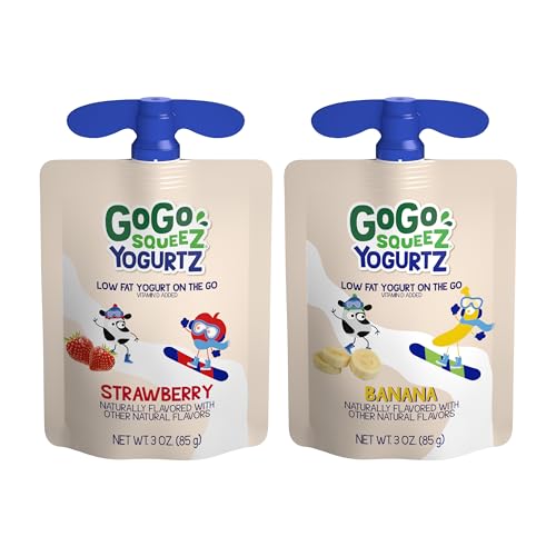 GOGO SQUEEZ YOGURTZ VARIETY PACK, STRAWBERRY & BANANA, 3 OZ (PACK OF 20), KIDS SNACKS MADE FROM REAL YOGURT AND FRUIT, NO FRIDGE NEEDED, GLUTEN FREE, NUT FREE, RECLOSEABLE CAP, BPA FREE POUCHES