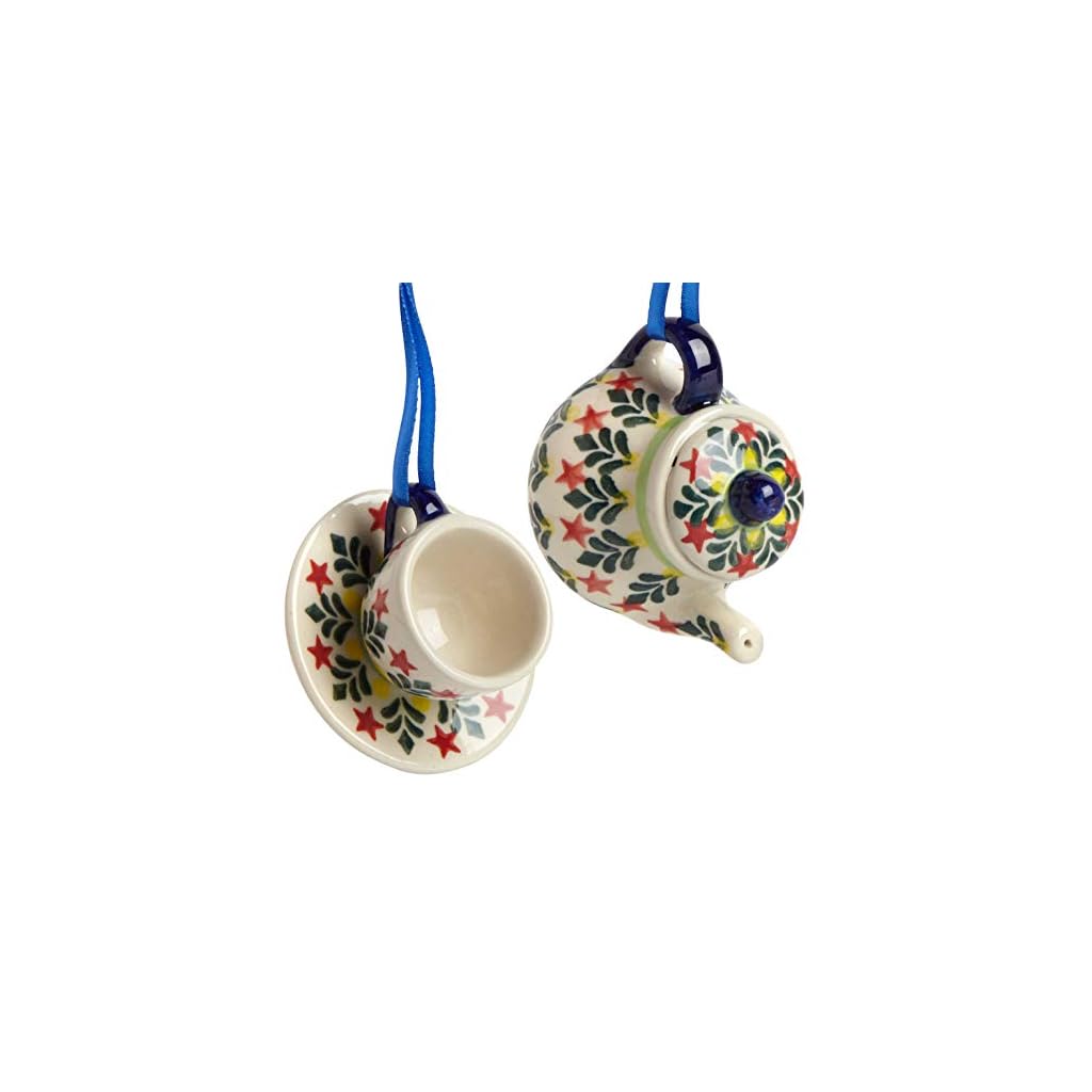 Set of 2 Polish Pottery Fern Tree Leaves Teapot & Cup with Saucer Handmade Ceramic Christmas