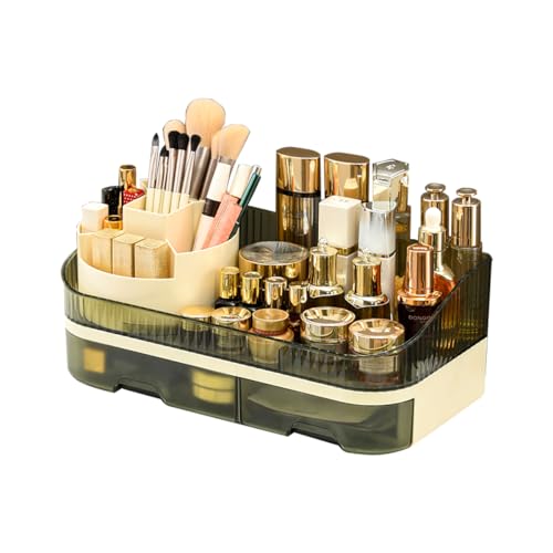 Tidyladyo Large Plastic Makeup Organizer with Rotating Brush Holder for Vanity - Bathroom Countertop Skin Care Storage, Easy for Lipsticks, Nail Polishes, Perfumes & Eyeshadow Palettes