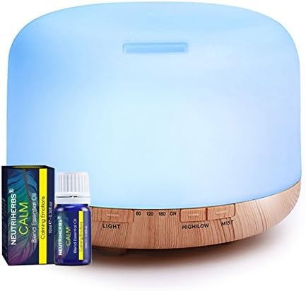 500ml Premium, Bamboo Aromatherapy Essential Oil Diffuser Set with Calming Oils Blend, 5 in 1 Ultrasonic Fragrant Oil Vaporizer Humidifier, Waterless Auto Shut-off, 7 LED Colour Changing Lights