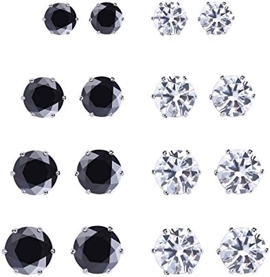 Modebox Women's Cubic Zirconia Stainless Steel Stud Earrings Set Round Clear Rhinestone (8 Pairs)